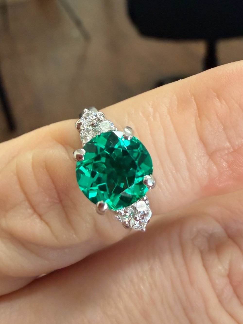 2Ct Chatham Lab Grown Emerald and Diamonds Ring in 10k Solid White Gold